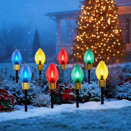 2 Pack 7FT LED Jumbo C9 Christmas Lights Pathway,4 Christmas Walkway Lights with Pathway Marker Stakes,Jumbo Clear Multicolor Big Light Bulb for Driveways Garden Holiday Christmas Decor by Pallerina