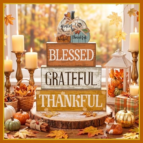 Lineshading 4 Pcs Stacked Pumpkin Block Signs, Fall Thanksgiving Decor - Image 5