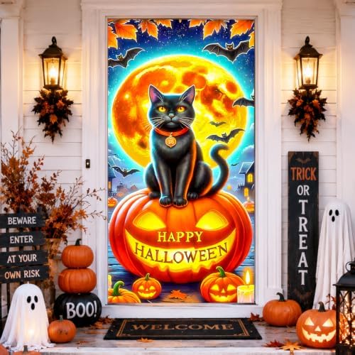 Halloween Door Banner 71x35 Spooky Black Cat & Pumpkin Yard Decor by Cmialusie