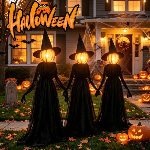 NEROSUN Halloween Witches Decorations Outdoor, 5 FT Set of 3 Light Up Holding Hands Witches with Stakes and Timer Function, Glowing Face Witch Decorations for Yard Garden Lawn Haunted House - Image 2