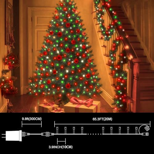 LAMPHOME Red Green White String Lights, 65.3ft 200 LED Christmas String Lights, Mini Fairy Starry Plug in with16 Modes for Outdoor Xmas Tree Wedding Party Decoration - Image 4