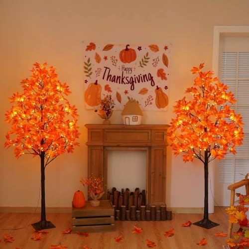 2 Pack 5FT Artificial Lighted Maple Tree with 96 LED & 192 Ultra-Dense Maple Leaves - Fall Decorations Maple Tree with Timer & Warm White Light for Thanksgiving Autumn Decor Indoor Outdoor by Qiaokaiyan