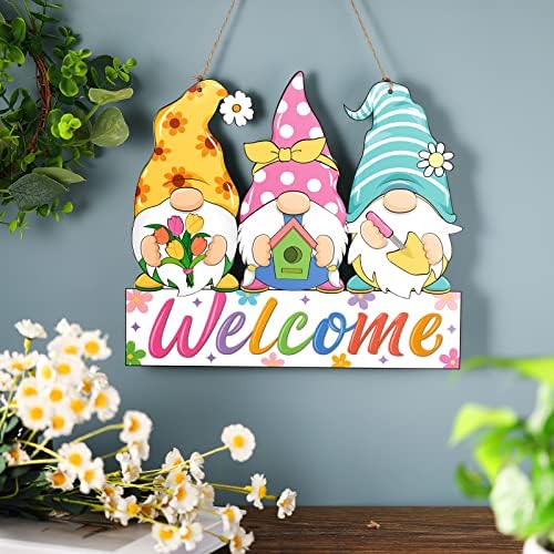 Ferraycle Spring Flower Door Sign Easter Bunny Door Decor Hello Spring Sign Welcome for Front Colorful Wooden Hanging Decorations for Home Indoor Outdoor Farmhouse (Gnome) - Image 2