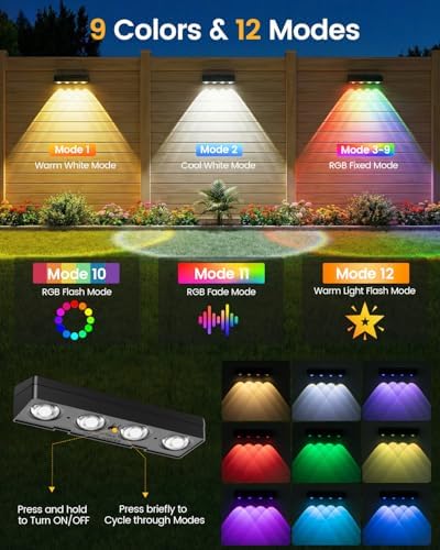 JOFIOS Fence Lights Solar Powered 12 Pack, Warm White, Cool White and RGB Color Glow LED Solar Lights Outdoor, IP65 Waterproof Solar Fence Lights for Patio, Backyard, Railing, Deck and Wall - Image 2