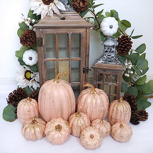 Winlyn 10 Pcs Assorted Artificial Gold Brushed Pink Pumpkins Rustic Decorative Pumpkins Foam Pumpkins for Farmhouse Fall Wedding Baby Shower Halloween Tabletop Centerpiece Mantel Decoration - Image 6