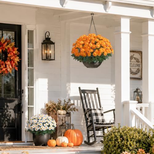 HyeFlora Artificial Fall Faux Mums Flowers Outdoor Plants for Decoration, 6 Bundles Fake Silk Orange Gerbera Daisy Flowers UV Resistant Look Real for Planter Outside Front Door Porch Patio Balcony - Image 6