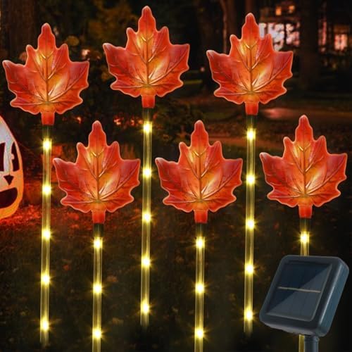 Fall Decor Solar Pathway Lights Outdoor Thanksgiving Decorations, 6 Pack Fall Leaves Solar Thanksgiving Maple Leaf Garden Stake Lights for Outside Patio Yard Wedding Party Autumn Decor by Mankinlu