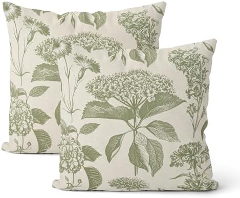 Sage Green Pillow Covers 22x22 Inch 2 Pcs Boho Vintage Floral Decor Throw Pillows Hydrangea Flower Seasonal Outdoor Farmhouse Neutral Accent Decoration Pillowcase Linen Cushion Cover for Sofa by DAFENA