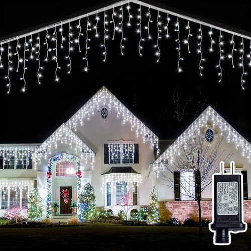 Christmas Outdoor Icicle Lights - 480 LED 66+33 FT 8 Modes Curtain Fairy String Light Plug in, Waterproof for Eaves Yard Holiday Xmas Holiday Indoor Outdoor Decoration - White by Unknown