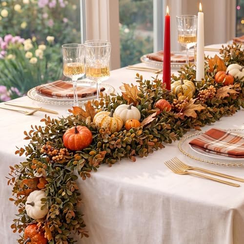XunYee 6 ft Fall Garland Artificial Boxwood Leaves Fall Garland for Mantle - Image 5
