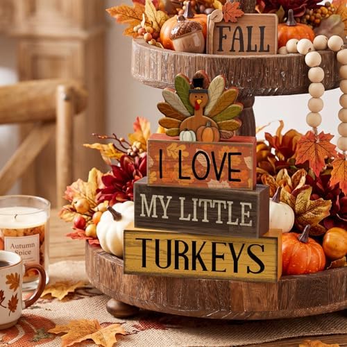 Lineshading 4 Pcs Thanksgiving Block Signs, I Love My Little Turkeys Wood - Image 3