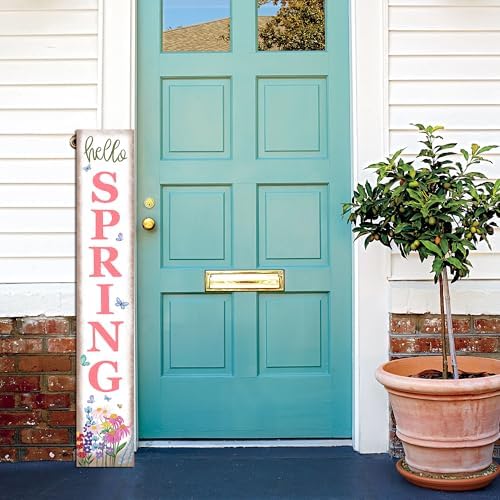 Hello Spring Porch Sign Watercolor Flowers Front Door Hanging Decorations Indoor Outdoor Wooden Vertical Standing Welcome Sign For Home Yard Farmhouse Holiday Decor 47 x 7.8 inch - Image 7