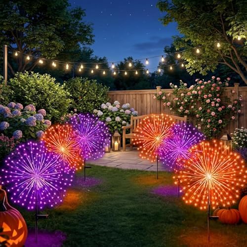 Tujoe 8 Pcs Halloween Solar Firework Stake Lights 180 LED 8 Modes - Image 2