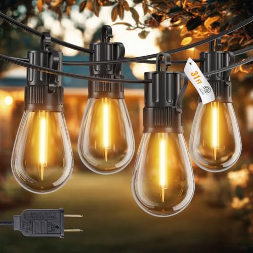 Minetom 31FT Outdoor String LED Patio Lights Waterproof,Shatterproof S14 Vintage Edison Bulbs,Commercial Grade Outside Hanging Lights Waterproof for Porch Deck Garden Backyard Balcony Cafe Bistro by Minetom