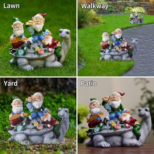 Solar Garden Outdoor Statues Gnome Turtle Three Gnomes Having Party on Turtle with 7 LED Lawn Decor Outside Decorations for Patio, Balcony, Yard Ornament Unique Garden Gift - Image 5