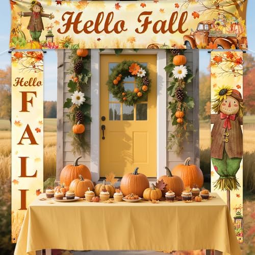AIBIIN 3pcs Hello Fall Porch Decor Autumn Harvest Porch Banner Sign Thanksgiving Scarecrow Pumpkin Front Door Sign Hanging Home Farmhouse Yard Harvest Party Decorations - Image 7