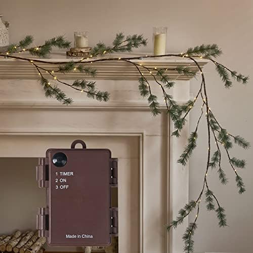 Fudios Lighted Christmas Pine Garland 6FT 48 Warm White LED Battery Operated with Timer for Mantle Fireplace Holiday Winter Decoration Indoor Outdoor Use by Fudios