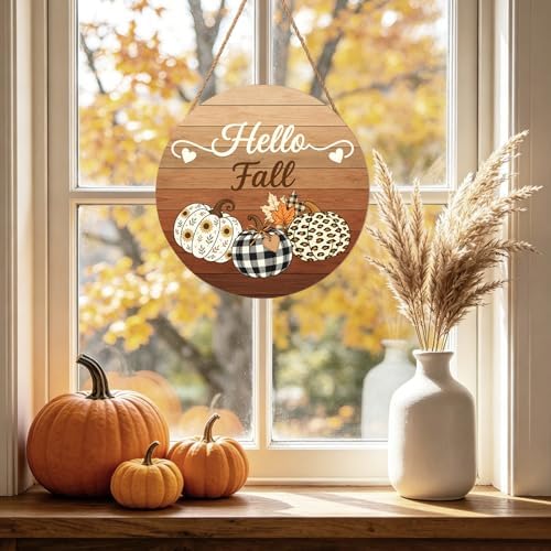 Harooni Hello Fall Pumpkin Sign Door Sign 12"x12" Autumn Thanksgiving Welcome Door Decorations Hanging Sign Farmhouse Plaid Pumpkin Round Wooden Sign for Home Front Door Wall Porch Yard Garden - Image 5