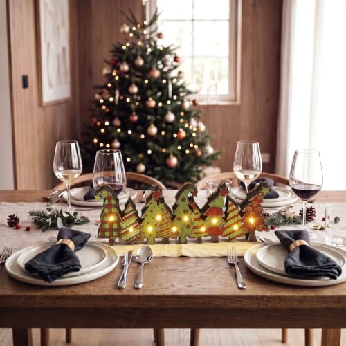 Yousoontic Christmas Tree Decor Table Centerpieces, Green and Red Wooden Sign Decorations with LED Lights 3D Block, Light up 3D Green Monster Ornament for Tabletop Mantel Desk Table Home Office Party - Image 3
