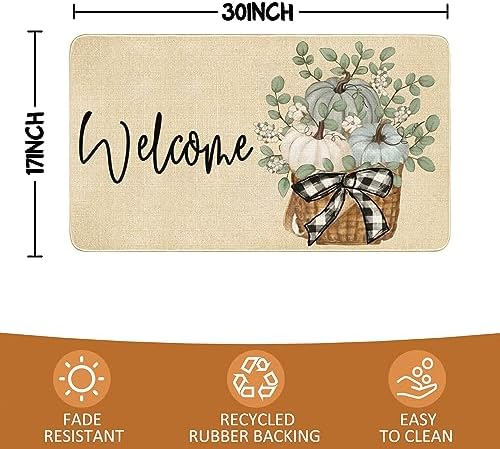 Fall Door Mat Outside,Pumpkin Eucalyptus Welcome Mat for Front Door,Thanksgiving Autumn Indoor Outdoor Non-Slip Rugs,Fall Doormat for Farmhouse Home Porch Decorations 30" x 17" - Image 3