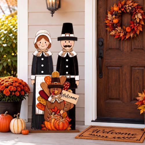 Threehoney 31.5" Thanksgiving Pilgrim Couple with Turkey Porch Sign, Farmhouse Wooden Pumpkin Welcome Signs Rustic Standing Fall Harvest Front Porch Decor for Autumn Outdoor Indoor Yard Garden by Threehoney
