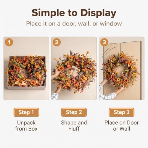 JINGHONG 24 Inch Fall Wreaths for Front Door, Artificial Autumn Wreath with Sunflowers, Berries and Leaves, Thanksgiving Harvest Wreath for Porch Wall Window Fireplace Farmhouse Home Decor - Image 5