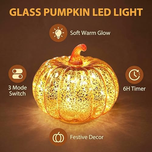 Fall Decorations for Home,Mercury Glass Pumpkin Lights with Timer(Gold) - Image 3