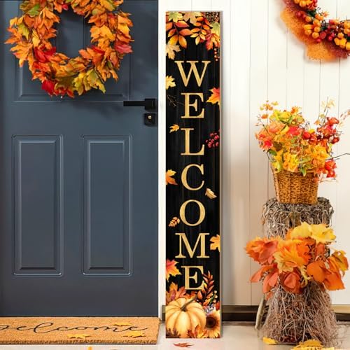 Fall Welcome Porch Sign, Pumpkin Signs for Front Porch, Maples Door Sign Yard, Vertical Wood Sign Standing for Patio Front Door Porches, Autumn Holiday Thanksgiving Home Party Decor for Wall Yard Indoor Outdoor, 47x8 inch by Unknown
