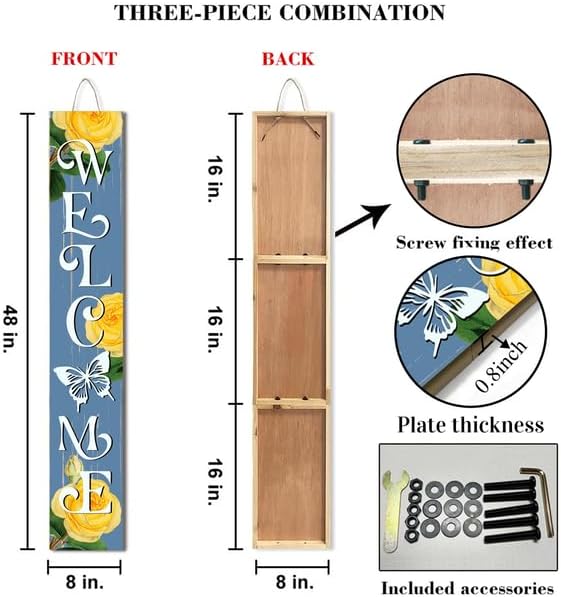 Blue Spring Summer Yellow Rose Wooden Sign 20x120cm Welcome Sign Porch Leaner Spring Decoration for Front Door Porch Yard Deck Patio Farmhouse Vertical Decorn, Spring Decor for Home - Image 5