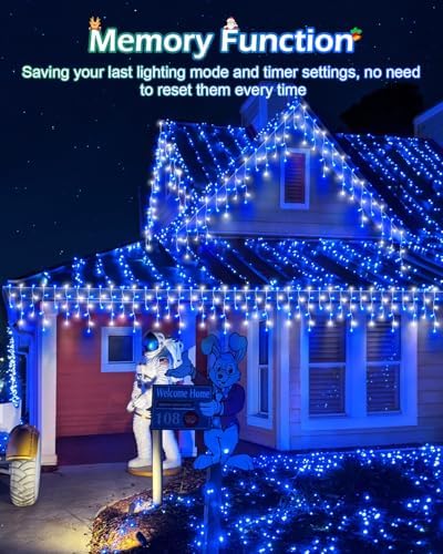 106 FT Christmas Lights Outdoor, 972 LED Waterproof Outside Christmas Lights Plug in, Connectable 8 Modes Hanging Fairy Lights with 216 Drops for House Eaves Yard Patio Blue and White - Image 5
