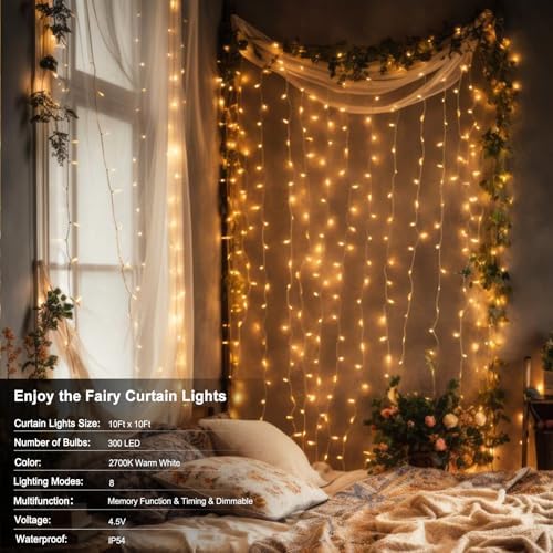 echosari 9.8ft×9.8ft Curtain Lights Battery Operated with Remote Warm White - Image 2