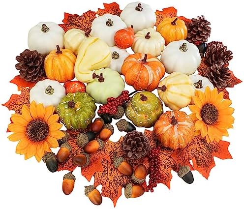Winlyn 60 Pcs Assorted Small Artificial Pumpkins and Gourds with Acorns Pinecones Maple Leaves Sunflowers Fall Harvest Decoration Set for Thanksgiving Halloween Bowl Filler Table Centerpiece Wreaths by Winlyn