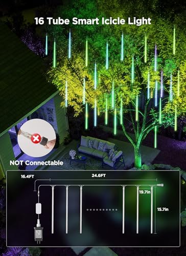 Smart Meteor Shower Lights Outdoor, 16Tube 256LED 24.6ft Color Changing Dripping Icicle Christmas Lights for Outdoor Outside, APP Controlled RGB Customize Display DIY Dynamic Lighting Effec - Image 4