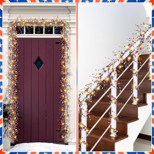 Wavwavw 59 Inches 4th of July Patriotic Garland Lighted Red White Blue Memorial Day Garland Artificial Star and Berry Lights Battery Operated 250th Anniversary Decor for Home Mantle Fireplace Table - Image 6