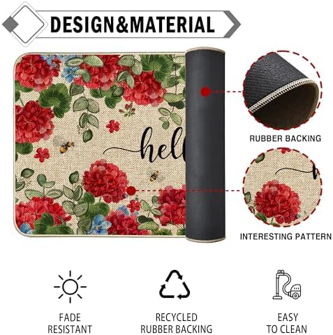 Spring Geranium Floral Door Mat Flowers Doormat Indoor Outdoor Entrance Outdoor Rug Low-Profile Floor Rug Non Slip Spring Summer Decor Rubber Mats for Home Decoration 17x29Inch - Image 7