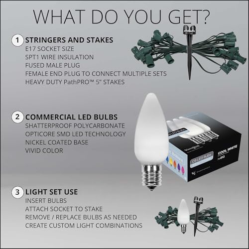 Wintergreen Lighting 50’ OptiCore LED Cool White Smooth/Opaque Christmas Pathway Lights, C9 Outdoor White Christmas Lights, 4.5” Stakes, Green Wire Plug String Lights - Image 6