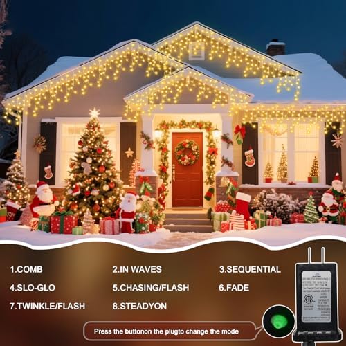 98 Ft Ice Lights for Outside, 1216 LED Christmas Lights Outdoor Plug in, Christmas String Lights with 8 Modes & Timer for Holiday, Party, Wedding, House, Patio, Outdoor Decor(Warm White) - Image 3