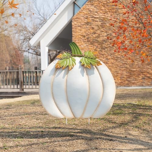 Glitzhome Oversized Ivory Pumpkin Yard Stake,39.5"H Metal Fall Pumpkins Garden Stake, Garden Standing Stakes or Hanging Pumpkin Signs for Autumn Harvest Thanksgiving Halloween Fall Outdoor Decorations - Image 3