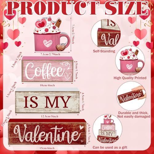 Lineshading 4 Pcs Valentine Coffee Wood Block Signs, Tiered Tray Decor - Image 4
