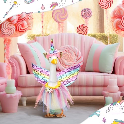 Abbylike Unicorn Porch Goose Outfit Rainbow Goose Costume for 23'' H Cement Statue with Tutu Skirt Unicorn Headband Wing for Party Outdoor Yard Lawn Garden Patio Decor - Image 5