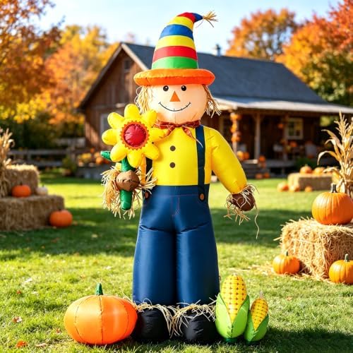DomKom 6FT Fall Inflatable Scarecrow, Cute Scarecrow Hold Sunflower with Corn and Pumpkin, Harvest Thanksgiving Blow Up Decorations, Built-in LEDs for Holiday Party, Garden, Lawn, Yard, Patio Décor - Image 3