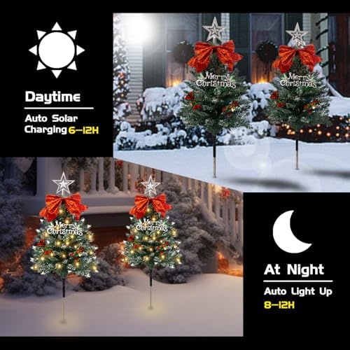 Christmas Tree Solar Pathway Lights Outdoor Decor, 8 Pack, Snowy - Image 2