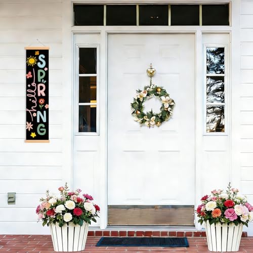 Hello Spring Porch Banner, Colorful Hanging Banners Door Banner, Seasonal Porch Banners, Spring Grow Flowers Hanging Flag for Front Door Indoor Outside, Gift for Friends and Family - Image 5
