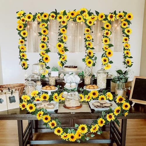 Uieke 12PCS Artificial Sunflower Garland, 7.5ft/Strand Silk Sunflowers Hanging Vines Flowers with Green Leaves for Room Kitchen Garden Birthday Wedding Baby Shower Party Table Decor Large - Image 6
