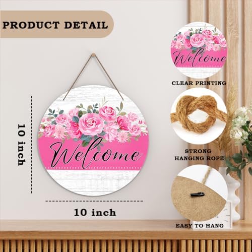 Welcome Door Sign, Flower Decor Wooden Sign Round Decorative Wall Plaque, Blush Pink Floral Welcome Sign for Front Door, Farmhouse Porch Yard Hanging Sign Outdoor Decorations -01 - Image 2