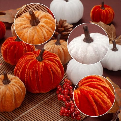 21 PCS Fall Artificial Velvet Pumpkins Set, Fake Fabric Pumpkin Faux Foam Pumpkins, Orange Khaki White Pumpkin Decorations for Fall Harvest Thanksgiving Farmhouse Mantel Centerpiece - Image 4