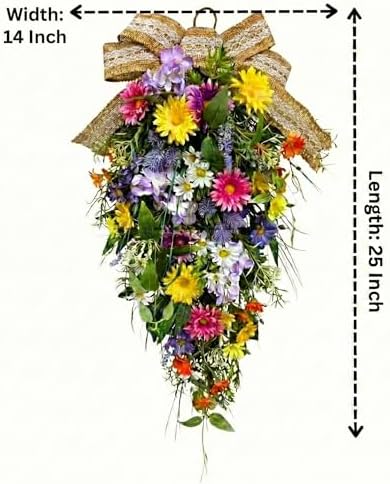 25 Inch Lighted Spring Summer Teardrop Swag with Timer Daisies Wildflower Burlap Bow Farmhouse Floral Decor for Front Door Wall - Image 2