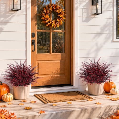 HyeFlora Artificial Fake Outdoor Plants for Fall Decoration, 8PCS Faux Wheat Grass Greenery Shurbs UV Resistant Fake Plant for Planter Home Garden Porch Window Box (Burgundy) - Image 6