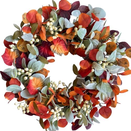 22 Inch Fall Front Door Wreath with Eucalyptus Lamb Ears Leaves and Berries, Autumn Fall Leaves Wreath with White Berries for Indoor and Outdoor, Festival Home Decor by Egolot