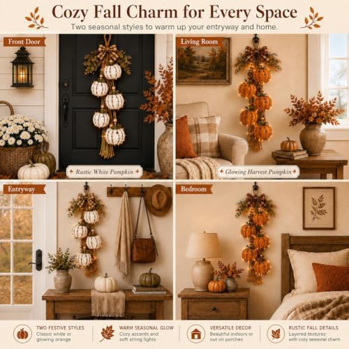 Rustic Wooden Pumpkin Door Hanging with Warm LED Lights, Rustic White Pumpkin Hanging Swag, Fall Decor Gift, Glowing Wreath, Farmhouse Porch Front Door Decoration Home(Orange with Light) - Image 5